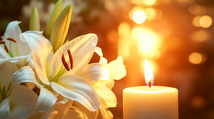 White lily flowers and a burning candle on a blurred background.