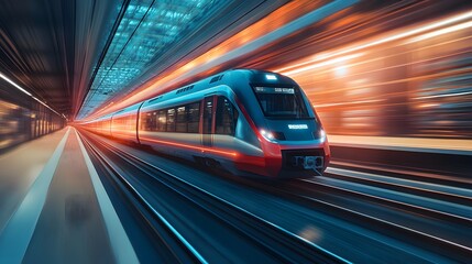 Modern High-Speed Train Traveling Through a Tunnel with Abstract Blurred Motion Lines and Bright Lights - Transportation, Speed, Journey, Cityscape, Urban, Futuristic, Travel
