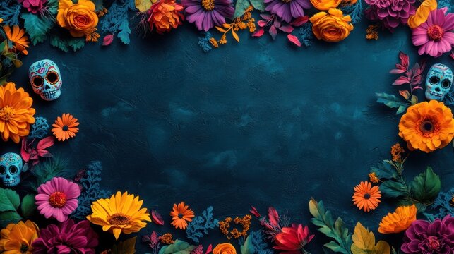 Day of the Dead frame with sugar skulls and flowers on dark blue background