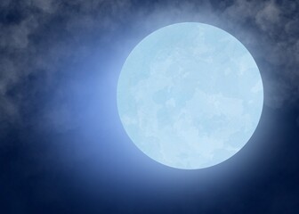 Full moon over sky.  Moon and clouds. A large full echo in the dark sky. Cold season. Craters on the echo. Moonlight.