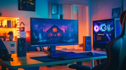 Professional workstation and gaming computer to play video games online or do professional design and multimedia work. In a room with colorful neon led lights.