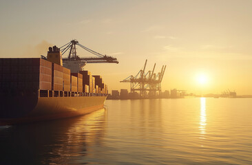 Container Ship Approaching Busy Port with Cranes and Shipping Infrastructure in Background