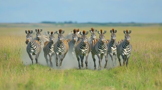 A running herd of zebras in a national biosphere reserve Askania-Nova Ukraine. It shows dynamics and gracefulness of wild animals