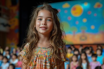 Fototapeta premium A smiling girl with long hair stands confidently in front of an audience during a vibrant school performance in a colorful auditorium