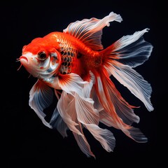 Fototapeta premium A vibrant goldfish with flowing fins swimming gracefully against a dark background.