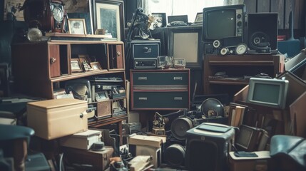 Old antiques and retro collectibles memorabilia dumped in a huge pile. Garage sale attic room storage conceptual still life or disposal and recycling of outdated objects. Vintage style filtered photo