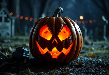 Glowing Jack-O-Lantern in a Graveyard