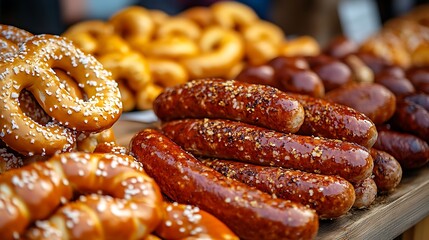 Fototapeta premium A close-up of grilled sausages and soft pretzels invites a feast on a wooden table.