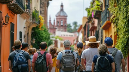 Obraz premium A group of tourists taking a guided tour through a city's historic district with architecture in the background
