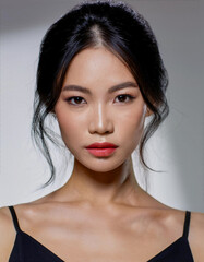 Portrait of beautiful japanese model wearing dark tank top on white background