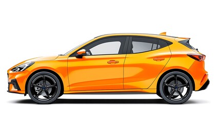 A modern orange hatchback car gleams brightly, isolated on a white background.