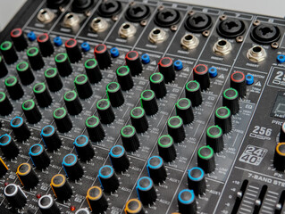 Jakarta, Indonesia 9th September 2024 ; music equipment in party venue. Music mixer with buttons...