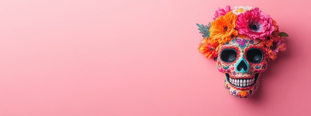 Sugar Skull with Flowers on Pink Background, Day of the Dead Festive Concept