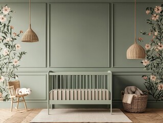 A vintage-inspired nursery with a pastel green crib, floral wallpaper, and a soft beige rug, 3D rendering, Classic and calming