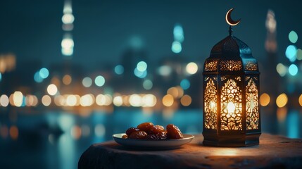 Lantern that have moon symbol on top and small plate of dates fruit with night sky and city bokeh light background for the Muslim feast of the holy month of Ramadan Kareem.