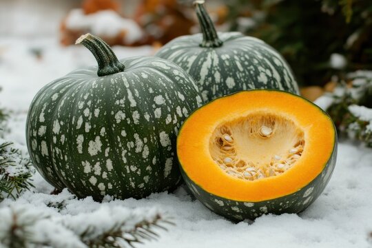 Emerald squash and split gourd featuring winter solstice message