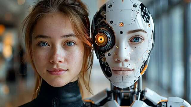 Humanity & AI: A young woman stands confidently beside her robotic counterpart, their strikingly similar features blurring the lines between human and machine in this thought-provoking portrait. 