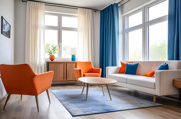 Fototapeta premium Orange armchairs, a white sofa with a wooden chest of drawers under the window and blue curtains on the window. Minimalistic interior design of a modern living room 
