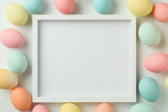 Easter sign showcasing colorful eggs in a double-sided frame set on a bright background. Aerial view offering plenty of room for text or announcements