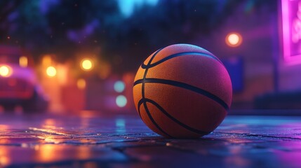 Fototapeta premium Basketball placed on wet pavement with city lights beyond.