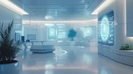 Futuristic Workspace with Holographic Screens for Tech Commercial
