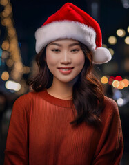 Portrait of beauty Asian woman wearing Santa-Claus hat with happy expression for Christmas celebration on dark background