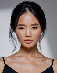 Portrait of beautiful korean model wearing dark tank top on white background