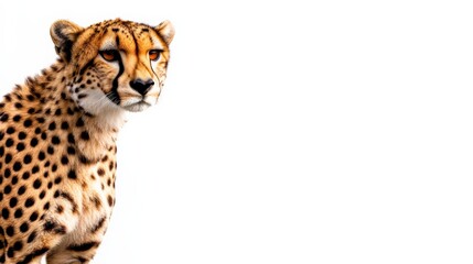 A majestic cheetah with striking spots and intense gaze, against a clean white background.