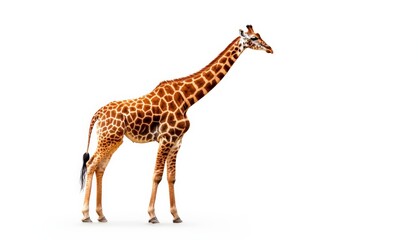 Obraz premium A majestic giraffe stands tall against a white background, showcasing its distinct spotted pattern and graceful posture.
