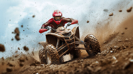 Thrilling quad bike jump with a racer wearing a red helmet on a tough open track with mud and debris