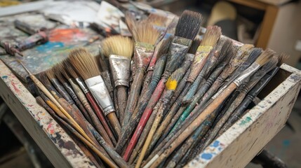 Fototapeta premium Used art equipment tools bristles and brushes with messy paint stains