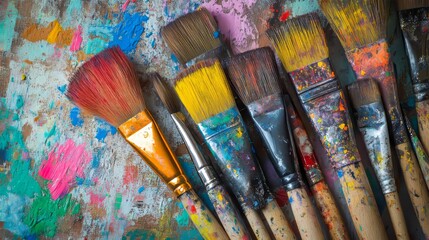 Fototapeta premium Used art equipment tools bristles and brushes with messy paint stains
