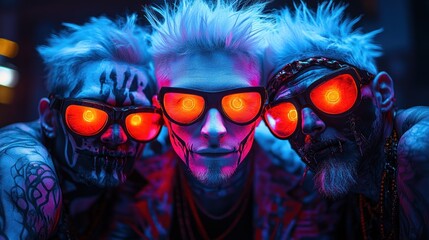 Three punk styled men under neon lighting
