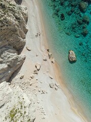 Aerial of coastal cliffs with white sand beach and turquoise waters on Zakynthos Island in Greece