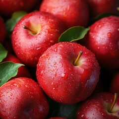 Fresh red apples with water droplets and green leaves in a close-up display of vibrant and natural produce