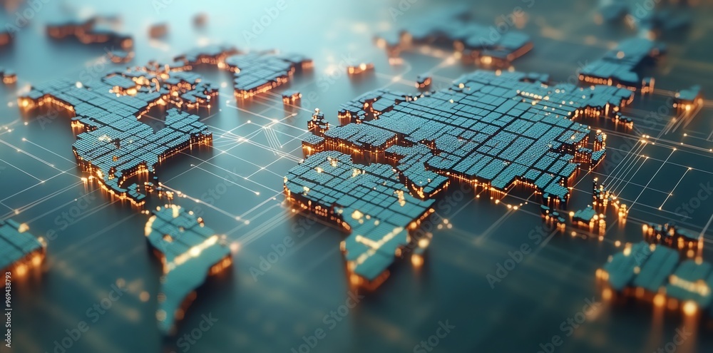 Aufkleber 3D rendering of a glowing world map with interconnected lines.