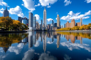 Fototapeta premium Manhattan skyline reflected in the waters of the East River, creating a mirror-like image of the towering skyscrapers
