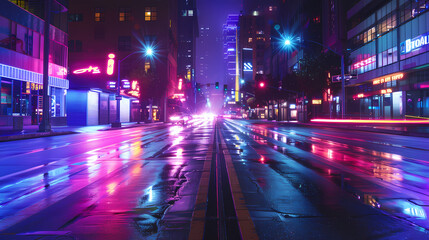 Neon-Lit Urban Street at Night for Commercial Background