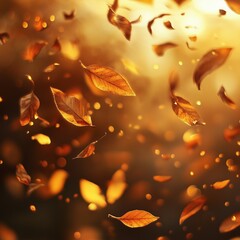 Golden autumn leaves falling in the air with glowing sunlight, creating a magical seasonal atmosphere