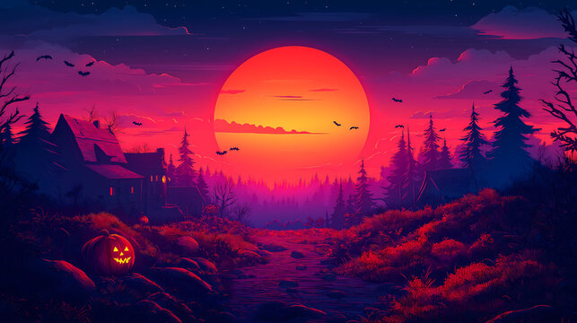 halloween landscape with pumpkins and bat in the night, cursed or haunted curch and house background, autumn wallpaper