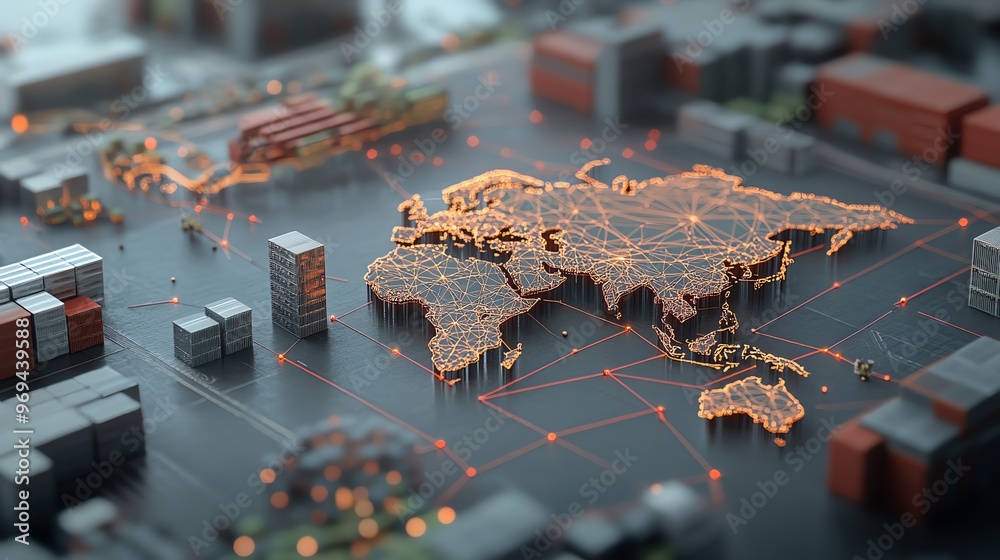 Poster A 3D model of the world connected by glowing lines and surrounded by miniature shipping containers, symbolizing global trade and interconnectedness.