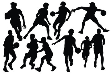 Basketball player. Group of different basketball players in different playing positions, lead ball, defend, attack, game techniques. Set of basketball players throwing Basketball tournament logo.