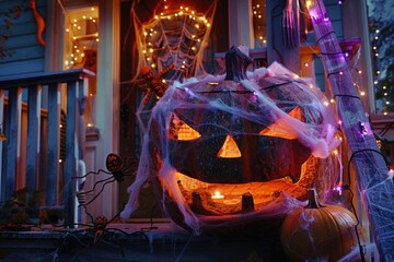 Naklejka premium Close-up of a glowing jack-o-lantern on a cobweb-covered porch, surrounded by spiders and Halloween decorations. ai