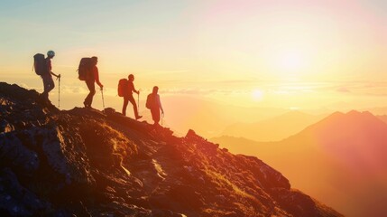 Obraz premium Hikers on a Mountaintop at Sunrise