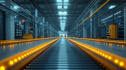 Obraz premium Automated Industrial Production Line with Advanced Machinery, Showcasing Product Manufacturing Process Without Human or Drone Involvement in a Modern Factory Setting. High-Tech Equipment and Precision