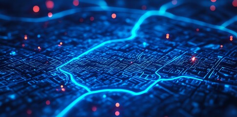 A 3D rendering of a city map with glowing blue roads and red lights.