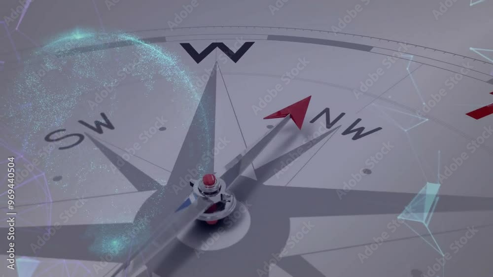 Poster animation of compass with travel text and digital data processing over globe