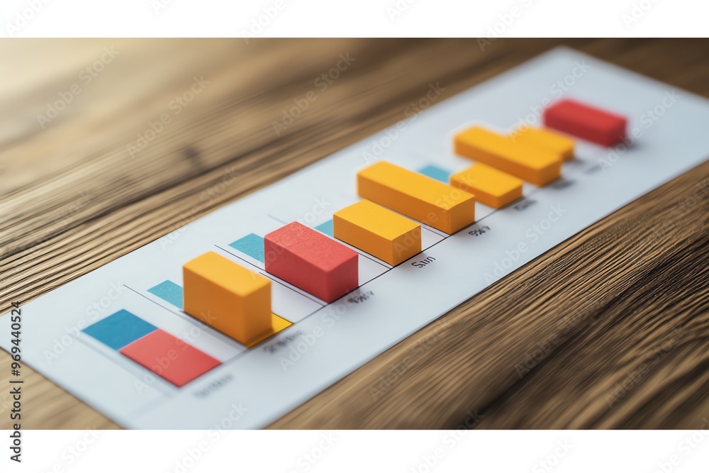 Poster A bar graph made of colorful blocks on a white sheet of paper on a wooden table with numbers and days of the week written on the sheet.