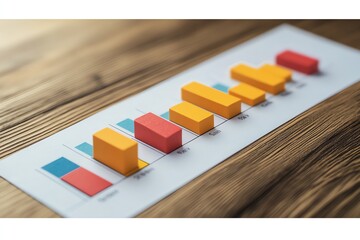 A bar graph made of colorful blocks on a white sheet of paper on a wooden table with numbers and days of the week written on the sheet.