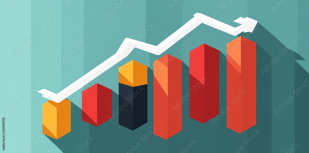 Aufkleber A bar graph showing upward trend with arrow pointing to the right and long shadows.